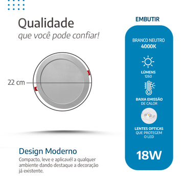 Painel Plafon Led 22cm 18w Embutir Redondo Luminária